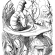 Alice peeking over a mushroom cap to speak to a catgerpillar.